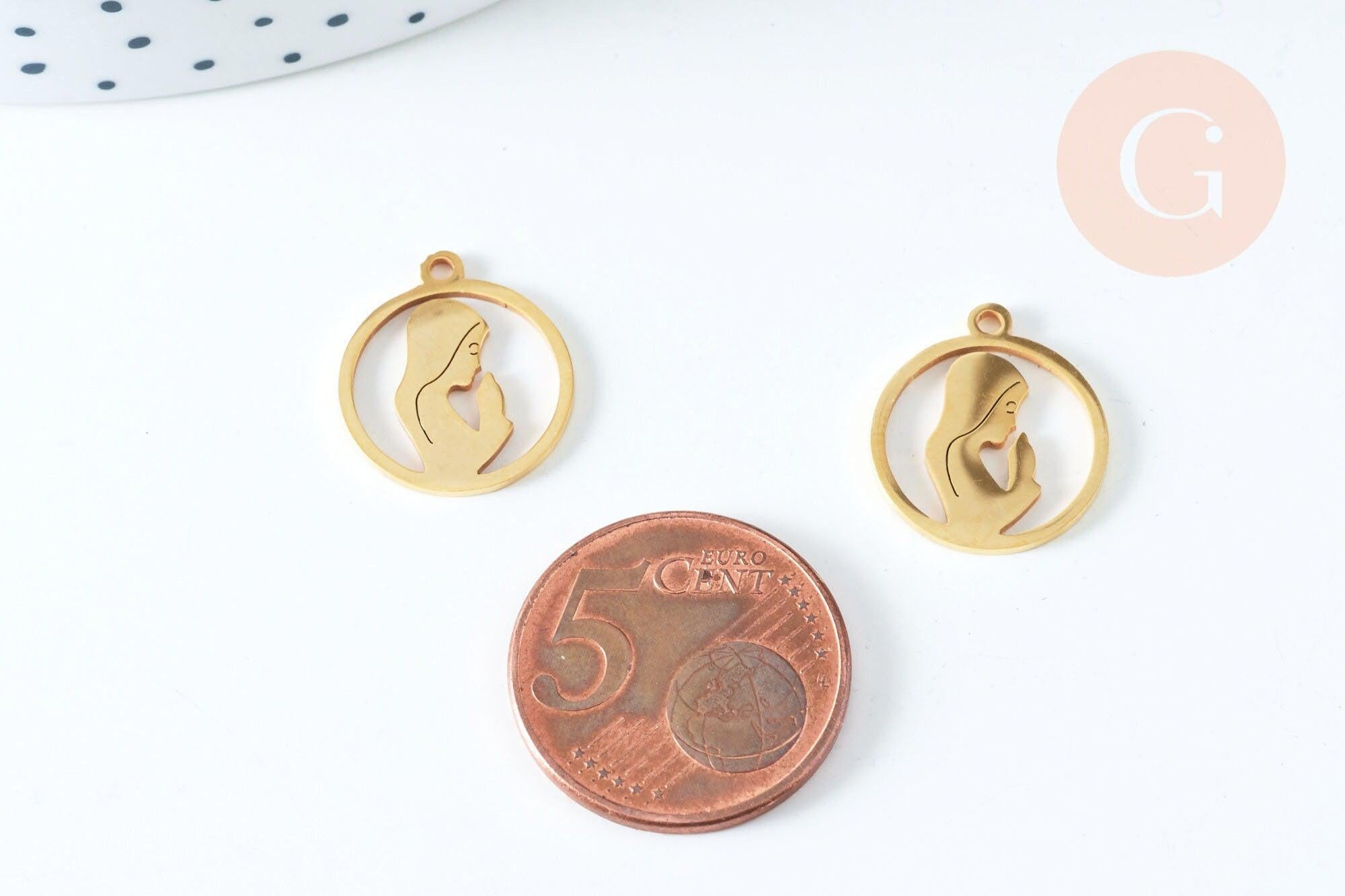 Pendentif baptême vierge Marie acier 201 inoxydable dore 17.5mm, x1 (G6344)