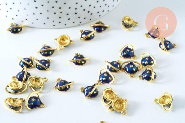 Pendentif boule planète étoiles émail bleu zamac doré 13mm, pendentif laiton émaillé,sans nickel, x1 G6006