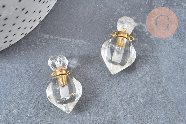 Pendentif bouteille parfum cristal de roche naturel laiton doré 27mm, x1 (G6736)