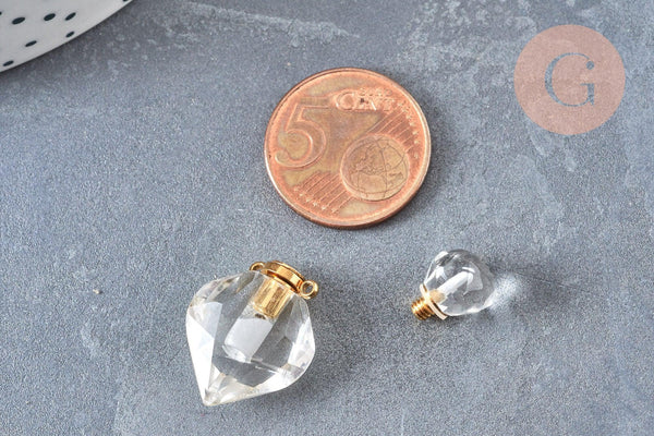 Pendentif bouteille parfum cristal de roche naturel laiton doré 27mm, x1 (G6736)