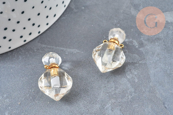 Pendentif bouteille parfum cristal de roche naturel laiton doré 27mm, x1 (G6736)