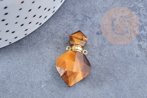 Pendentif bouteille parfum oeil de tigre naturel laiton 27mm, x1 (G8632)