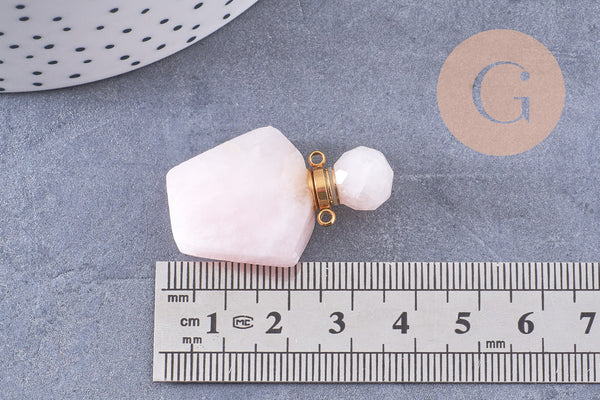 Pendentif bouteille parfum quartz rose naturel acier inoxydable doré 39mm, x1 (G3012)