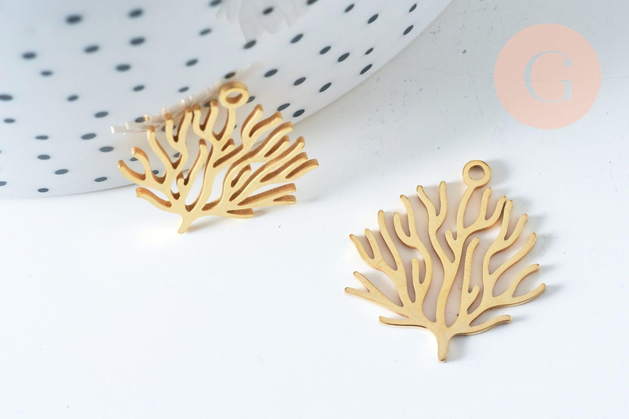 Pendentif branche de corail acier 201 inoxydable doré 18K 23.5mm, x1 (G6337)