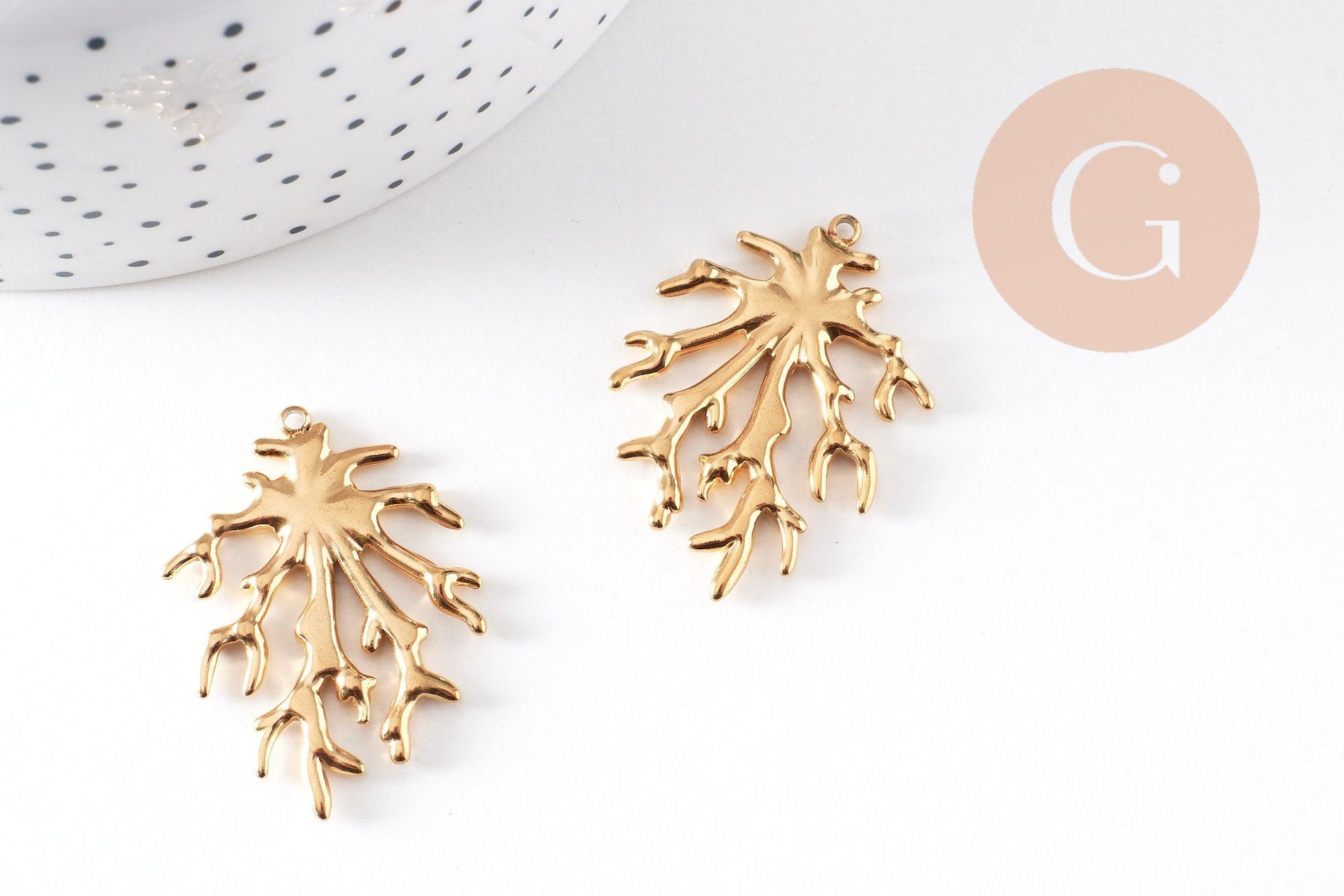 Pendentif branche de corail acier 304 inoxydable doré 18K 36mm, x1 (G10508)