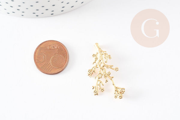 Pendentif branche feuille laiton doré 18K 37.5mm, x1 (G3566)