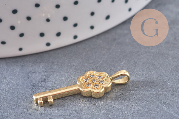 Pendentif breloque clef laiton doré et zircon 28.5mm, x1 (G4463)