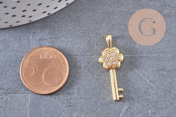 Pendentif breloque clef laiton doré et zircon 28.5mm, x1 (G4463)