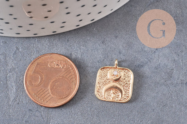 Pendentif carré lune protecteur chance en laiton zircon 18K 19mm, x1 (G10559)