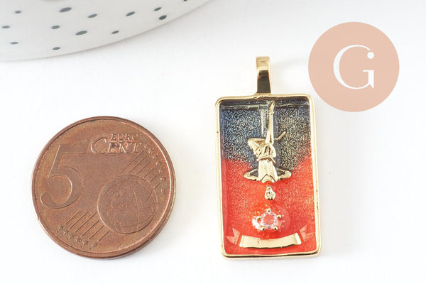 Pendentif carte tarot Pendu en laiton zircon émaillé 30mm, x1 (G6252)