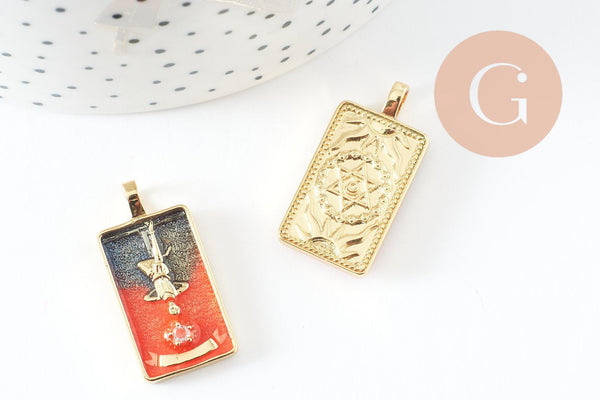 Pendentif carte tarot Pendu en laiton zircon émaillé 30mm, x1 (G6252)