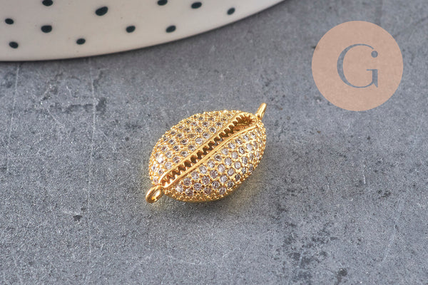 Pendentif cauri laiton doré 18K zircon blanc, sans nickel,pendentif coquillage doré,21mm, x1 (G4462)