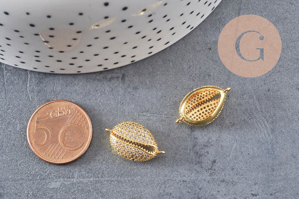 Pendentif cauri laiton doré 18K zircon blanc, sans nickel,pendentif coquillage doré,21mm, x1 (G4462)