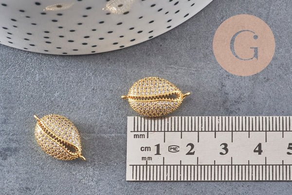 Pendentif cauri laiton doré 18K zircon blanc, sans nickel,pendentif coquillage doré,21mm, x1 (G4462)