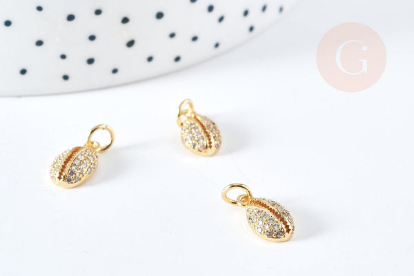 Pendentif cauri laiton doré 18K zircons blanc 12.5mm, x1 (G8522)