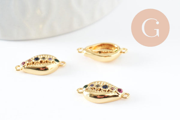 Pendentif cauri laiton doré zircons colorés 15mm, x1 (G4737)