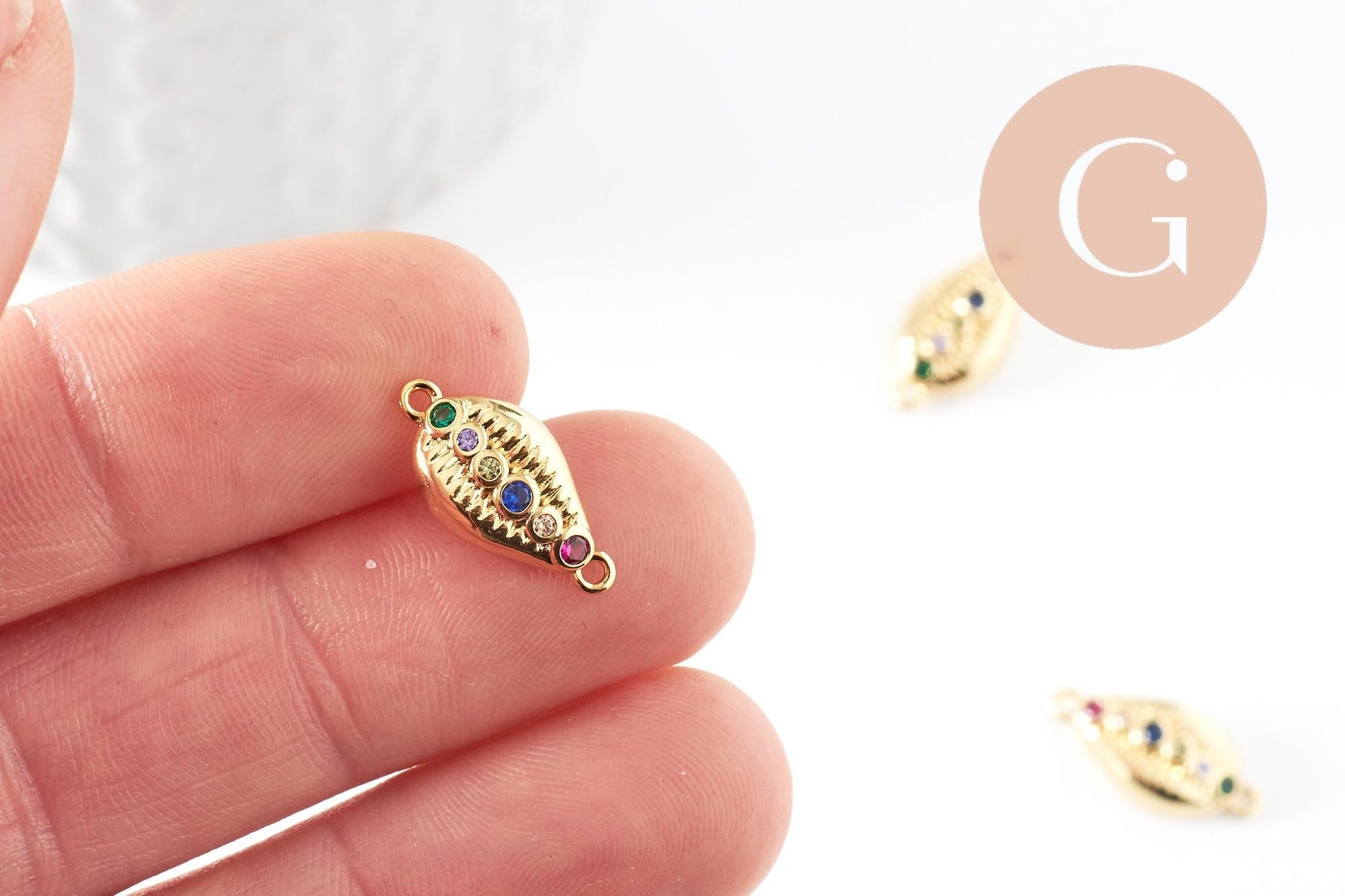 Pendentif cauri laiton doré zircons colorés 15mm, x1 (G4737)