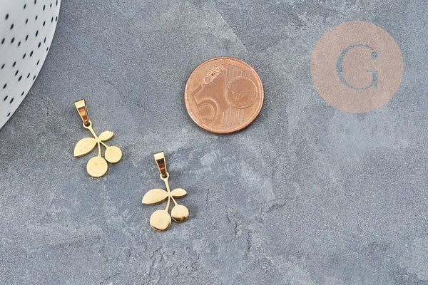 Pendentif cerise acier 304 inoxydable doré 15.5mm, x1 (G3634)