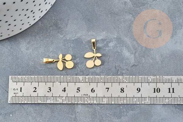 Pendentif cerise acier 304 inoxydable doré 15.5mm, x1 (G3634)
