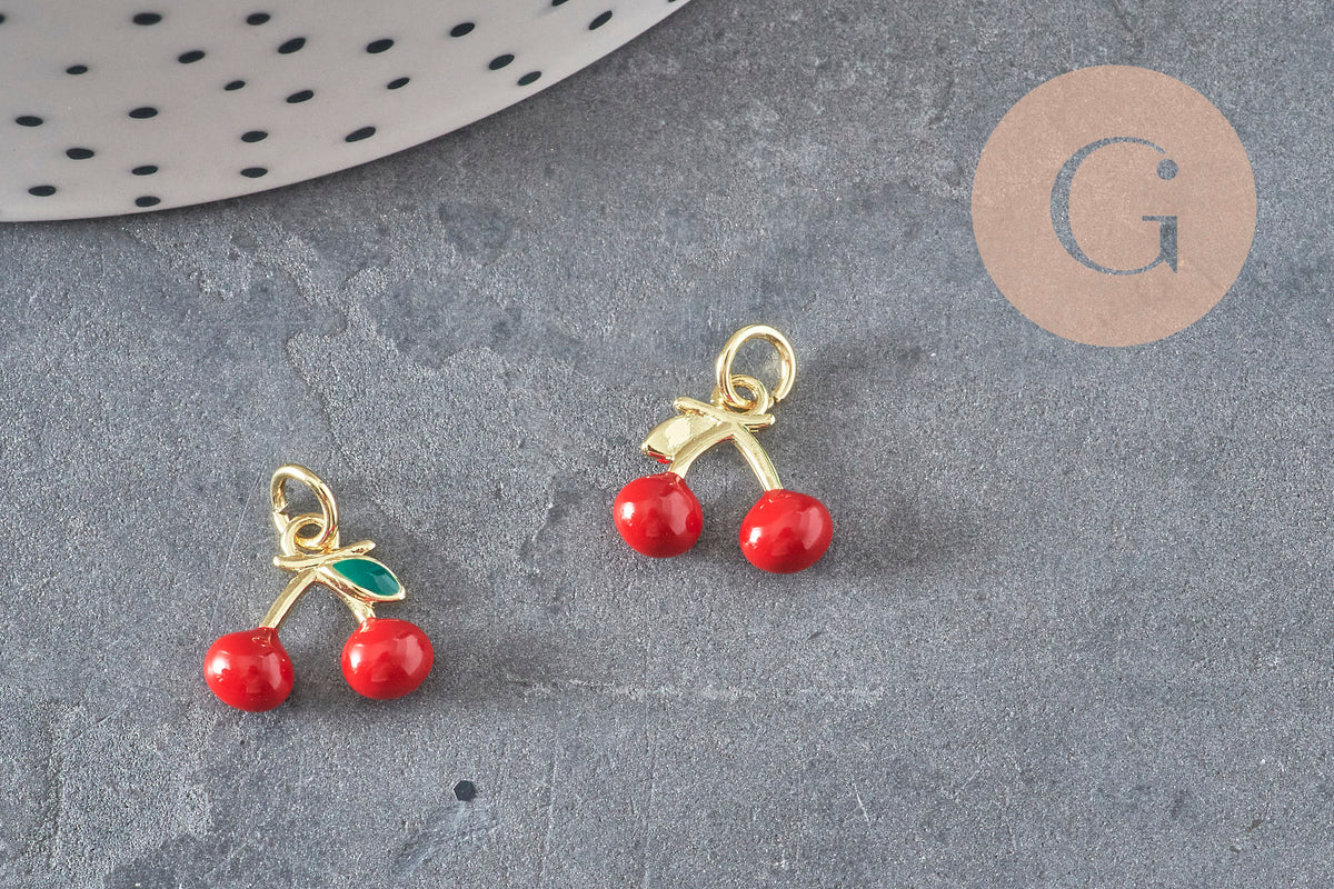 Pendentif cerise doré émaillé rouge laiton doré 18K 11mm,x1 (G8582)