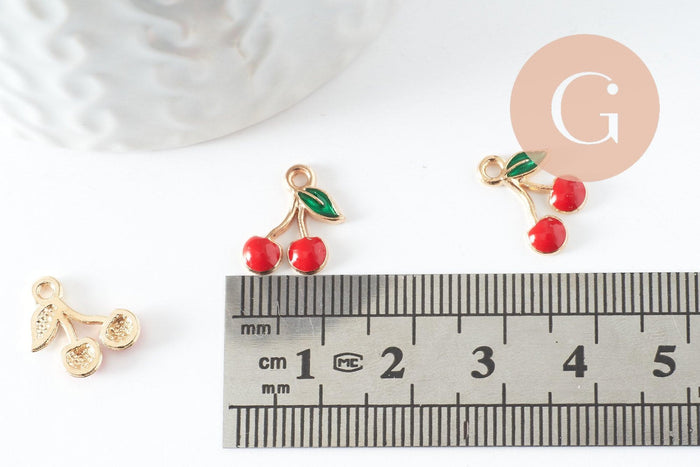 Pendentif cerise doré émaillé rouge zamac doré 13mm x5 (G3307)