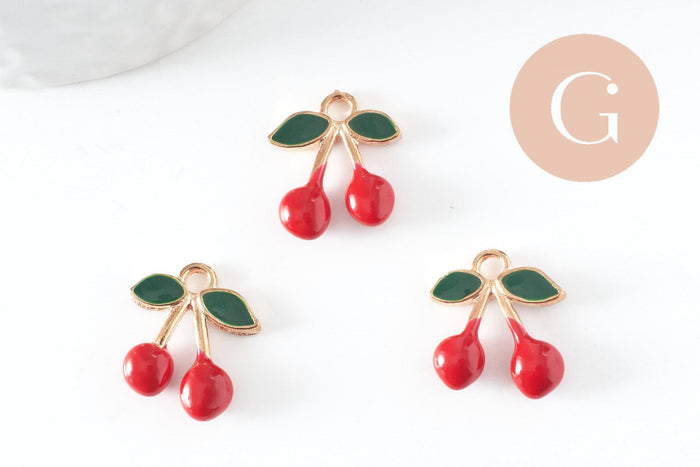 Pendentif cerise doré émaillé rougefruit zamac doré 17mm, x5 (G5272)