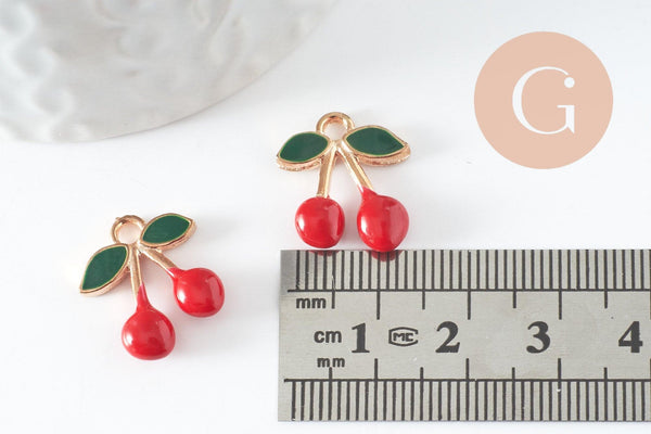 Pendentif cerise doré émaillé rouge,pendentif fruit création bijoux, pendentif doré, 17mm, x5 (G5272)