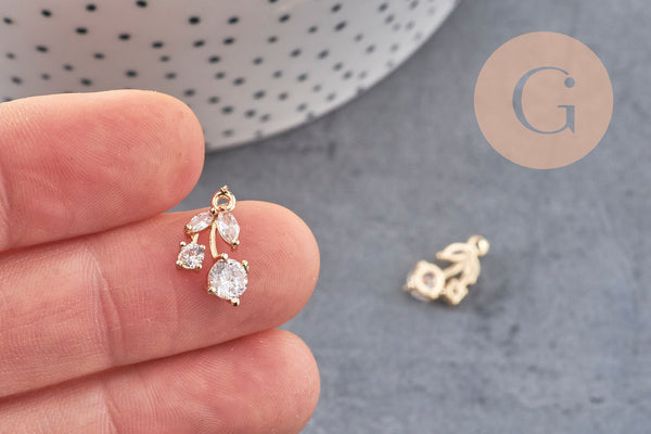 Pendentif cerise doré zircon blanc 14 mm, x1 (G7567)