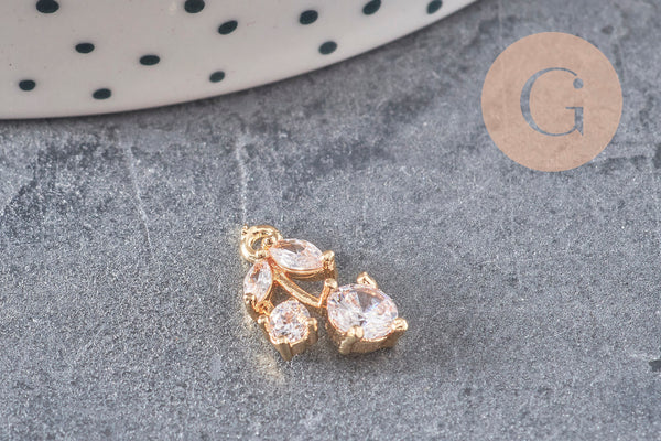 Pendentif cerise doré zircon blanc 14 mm, x1 (G7567)