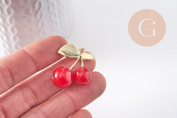 Pendentif cerise laiton doré résine rouge 33mm, x1 (G10339)