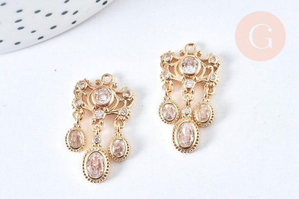 Pendentif chandelier laiton doré zircons cubiques 28mm,création bijoux chandelier, x1 (G6961)