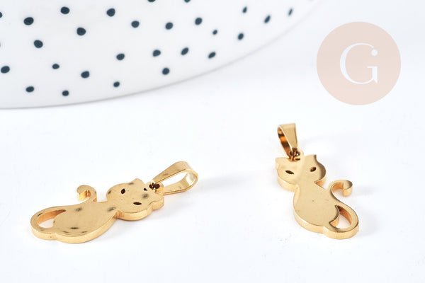 Pendentif chat acier 304 doré inoxydable 22mm, x1 (G8618)