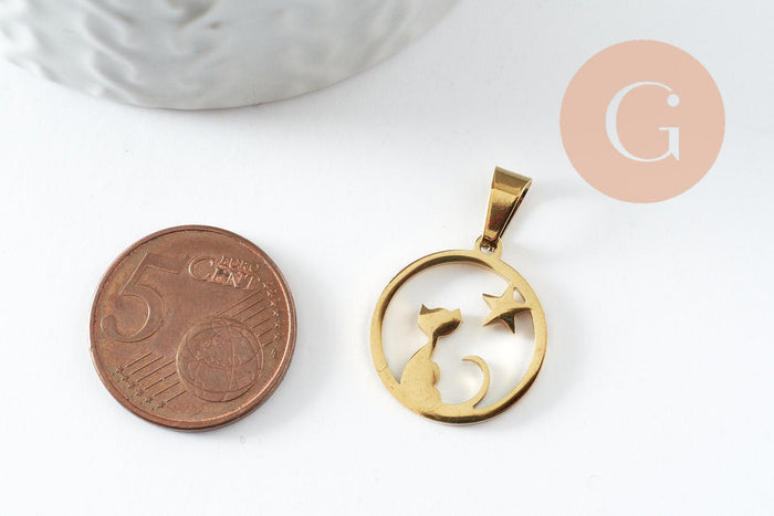 Pendentif chat étoile acier 304 doré inoxydable 19mm, x1 G9859