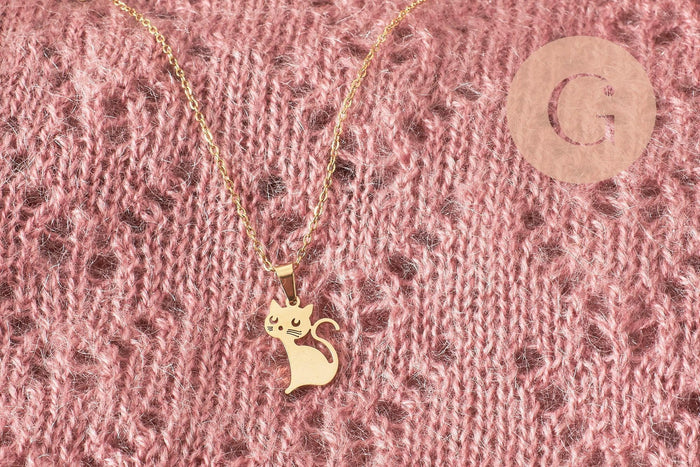 Pendentif chat manga assis acier 304 doré inoxydable 20mm, x1 (G9927)