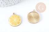 Pendentif citron émail jaune zamac doré 26mm, x1 (G8943)