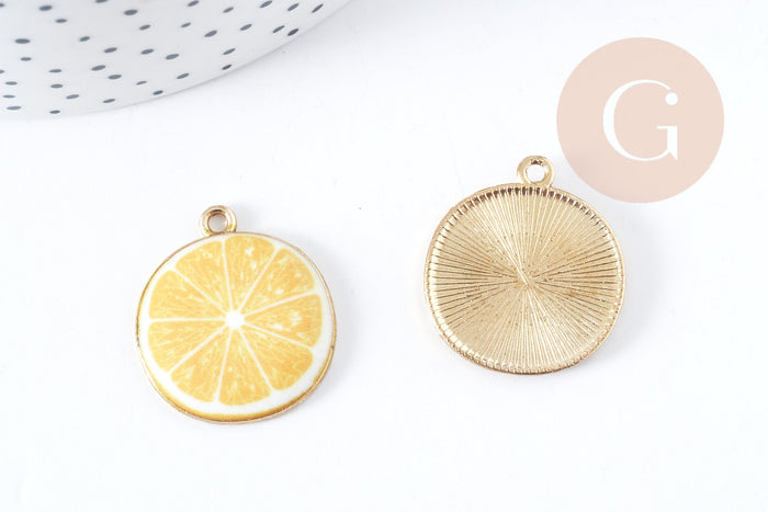 Pendentif citron émail jaune zamac doré 26mm, x1 (G8943)