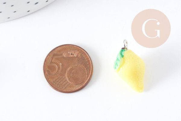 Pendentif citron résine jaune fer platine 20-24mm, x1 (G8949)