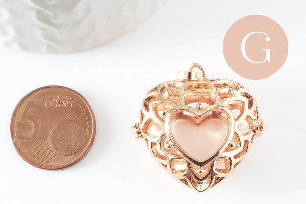 Pendentif coeur Bola harmony carillon laiton doré, bijoux de création grossesse, Vendu sans carillon, 35mm, x1 (G5974)