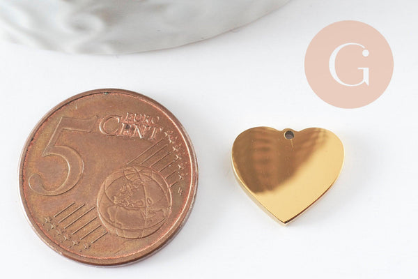 Pendentif coeur acier 201 inoxydable doré 13mm finition Miroir, x1 (G10182)