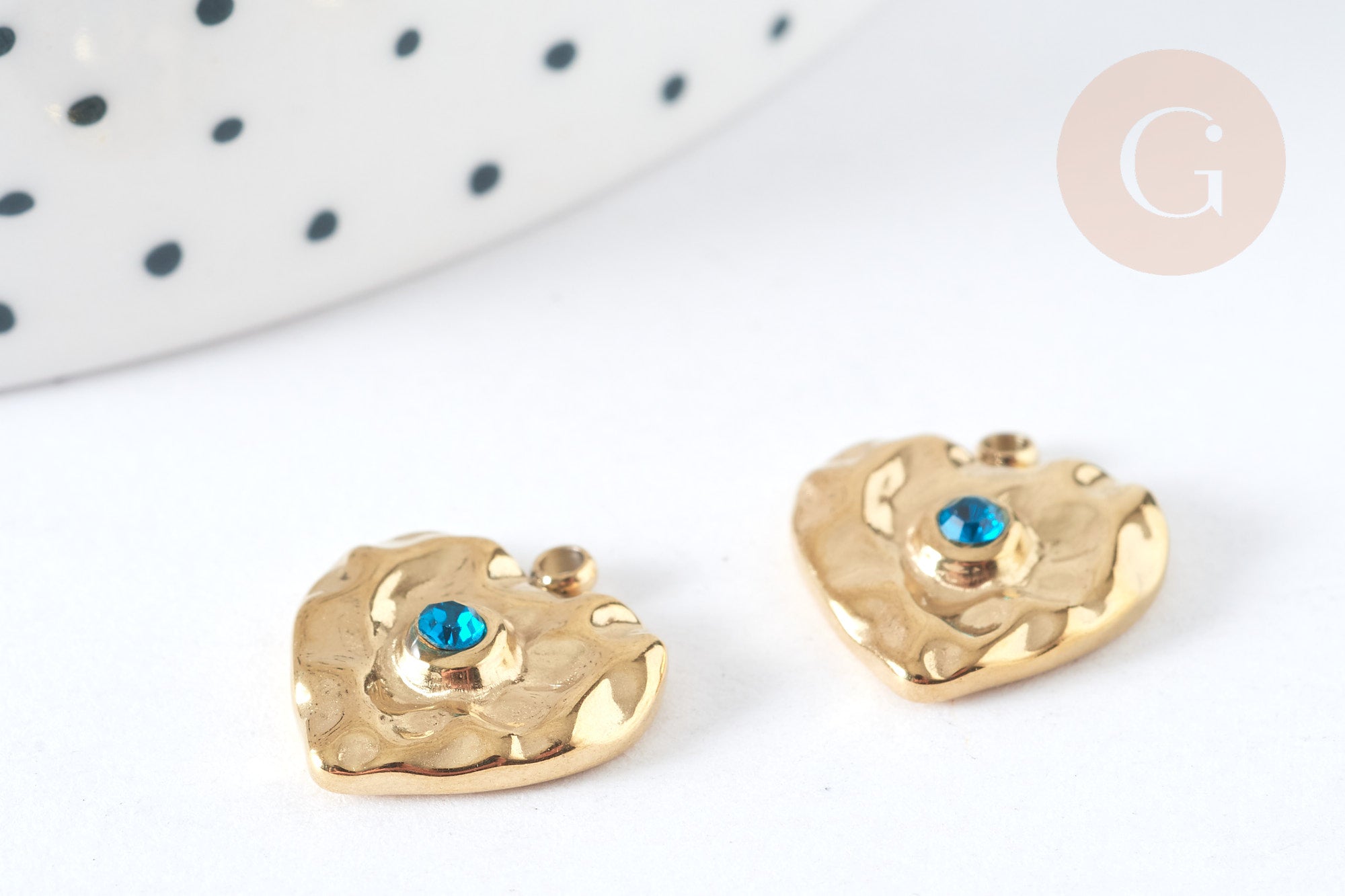 Pendentif cœur acier 304 inoxydable doré zircon bleu 15mm ,creation bijoux acier, x1 G7370