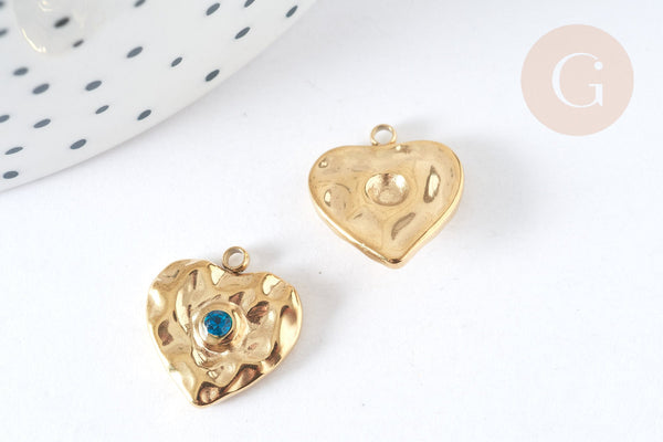 Pendentif cœur acier 304 inoxydable doré zircon bleu 15mm ,creation bijoux acier, x1 G7370