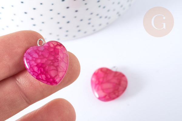 Pendentif cœur agate craquelée brésilienne violet-rose fer argenté 22mm, x1 G7926