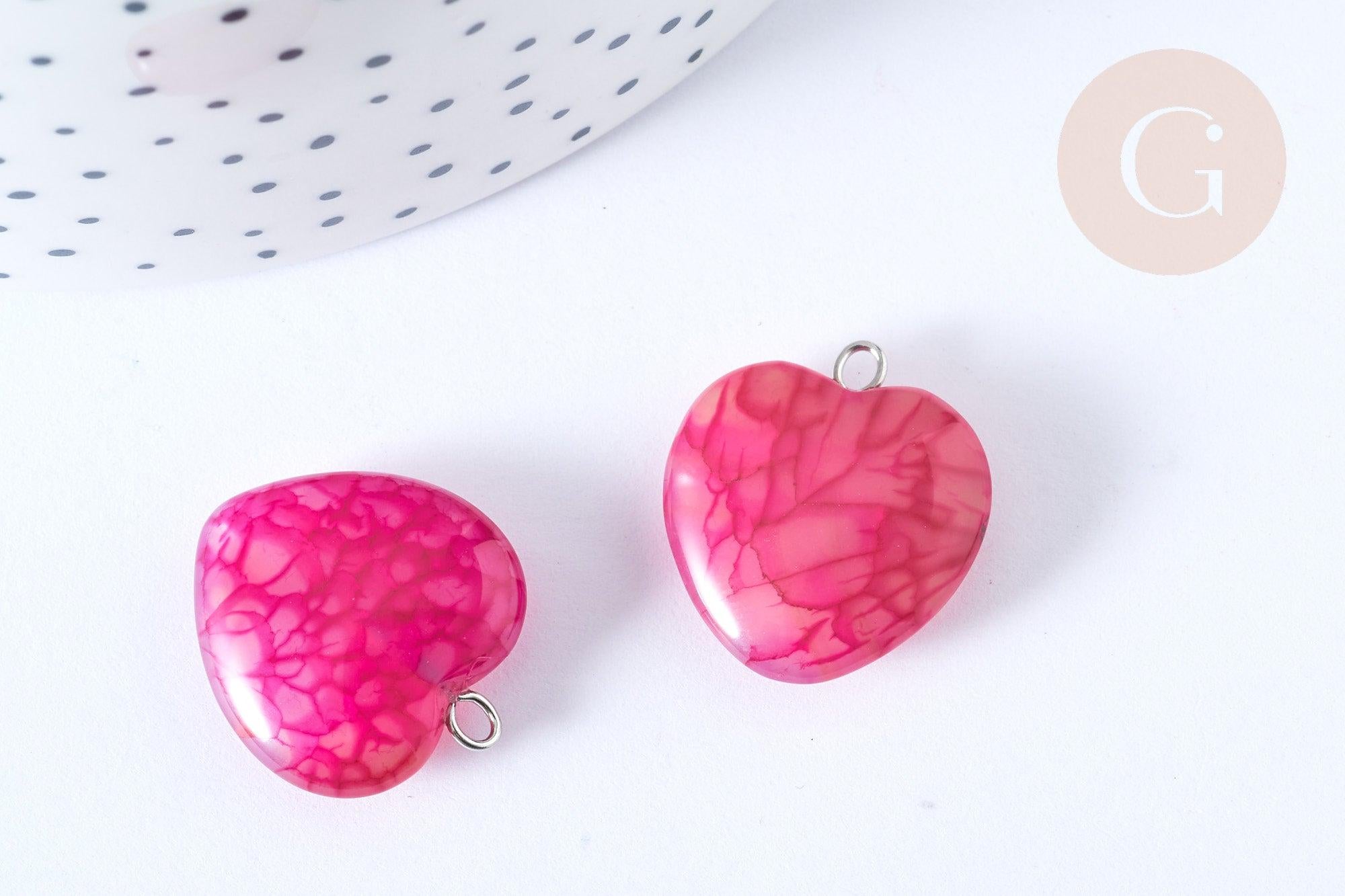 Pendentif cœur agate craquelée brésilienne violet-rose fer argenté 22mm, x1 G7926
