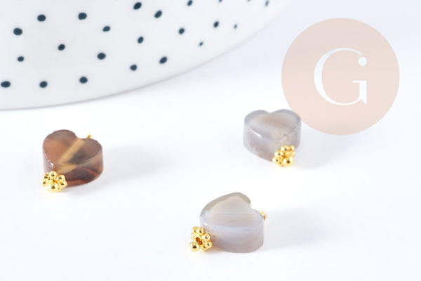 Pendentif cœur agate grise naturelle laiton doré 15.5mm, x1 (G8645)