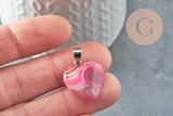 Pendentif coeur agate naturelle rose acier argenté 23mm, x1 (G4050)