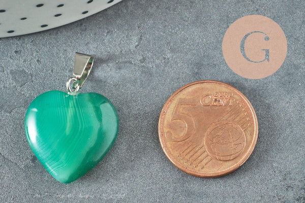 Pendentif coeur agate naturelle verte acier argenté 23mm, x1 G3991
