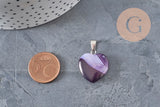 Silver-plated steel purple natural agate heart pendant 23mm, x1 (G11263)