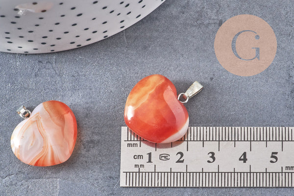 Pendentif coeur cornaline naturelle laiton argenté, pendentif pierre cornaline naturelle, bijoux en pierre naturelle, 23mm, x1 G5583