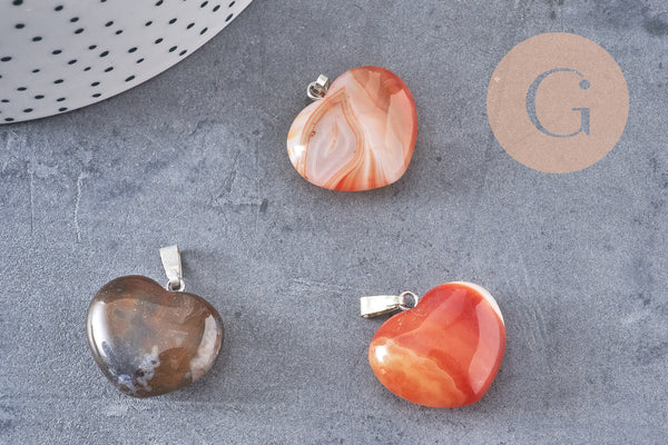 Pendentif coeur cornaline naturelle laiton argenté, pendentif pierre cornaline naturelle, bijoux en pierre naturelle, 23mm, x1 G5583