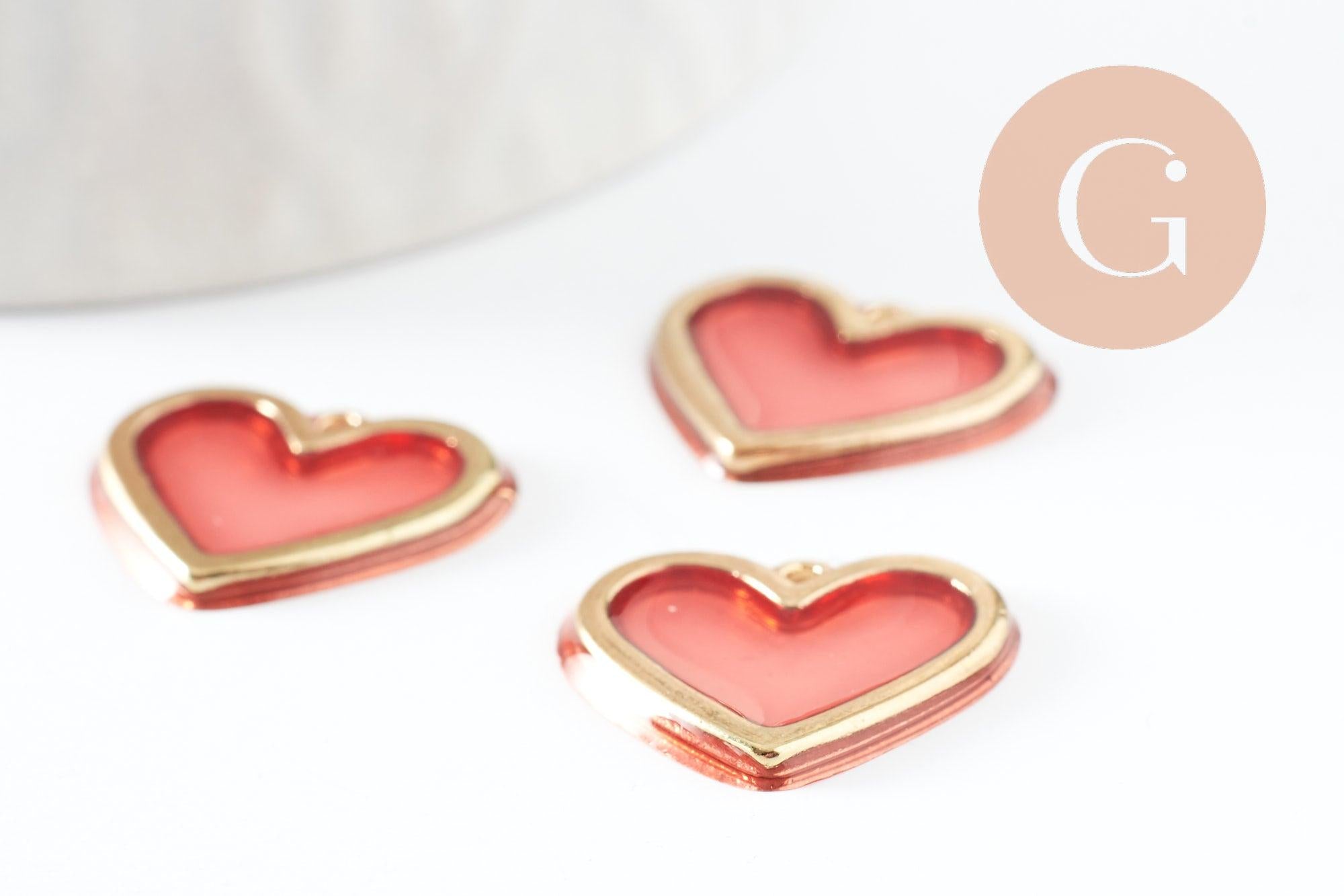 Pendentif coeur en zamac doré résine rose, pendentif amour pour création bijoux, pendentif doré, 18mm,x 2 (G3275)